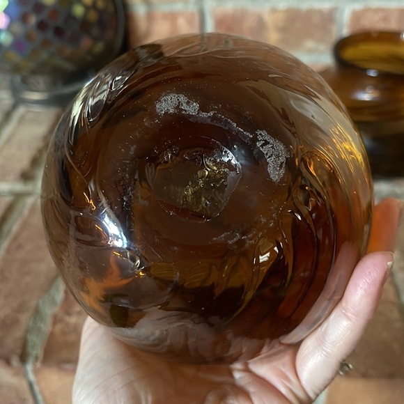 Vtg Hand Blown Amber Optic Swirl Glass Vase Trinket Bowl Set of 2 - Picture 7 of 11